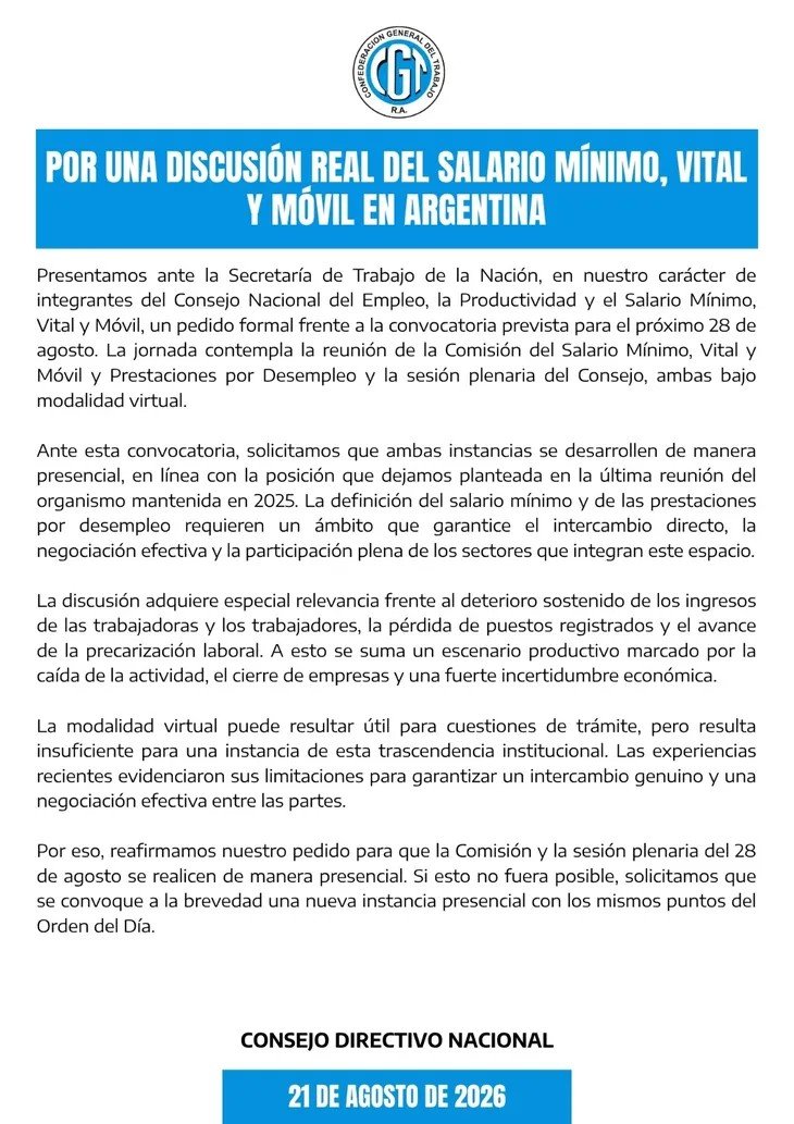La CGT reclamó que la discusión por el salario mínimo con el Gobierno sea presencial: "La modalidad virtual resulta insuficiente"