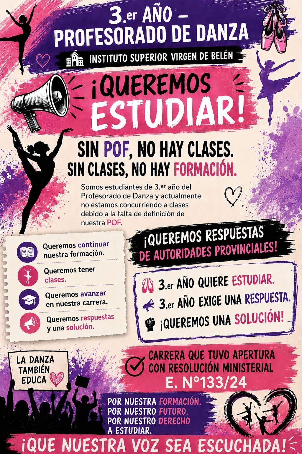 Sin POF no hay clases: la protesta del 3° año del Profesorado de Danza del Instituto Virgen de Belén