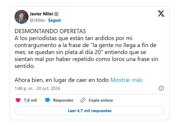 Javier Milei volvió a negar que las familias tengan dificultades para llegar a fin de mes: "Desmontando operetas"