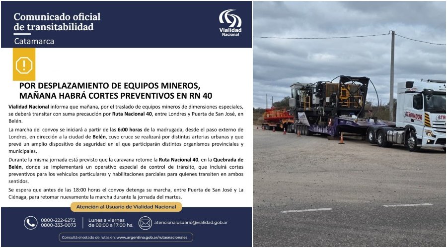 Por desplazamiento de equipos mineros, mañana habrá cortes preventivos en rn 40